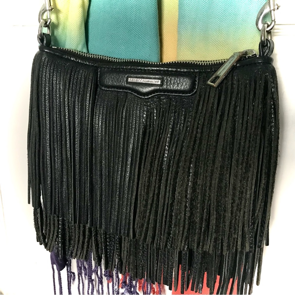 Rebecca Minkoff Purse Finn Black Leather Suede Fringe Clutch Crossbody Bag - Picture 3 of 10
